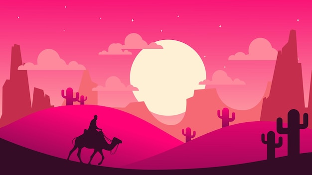 Vector illustration of a man riding a camel in the desert at dusk