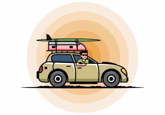 Illustrazione di un uomo che guida un'auto per le vacanze