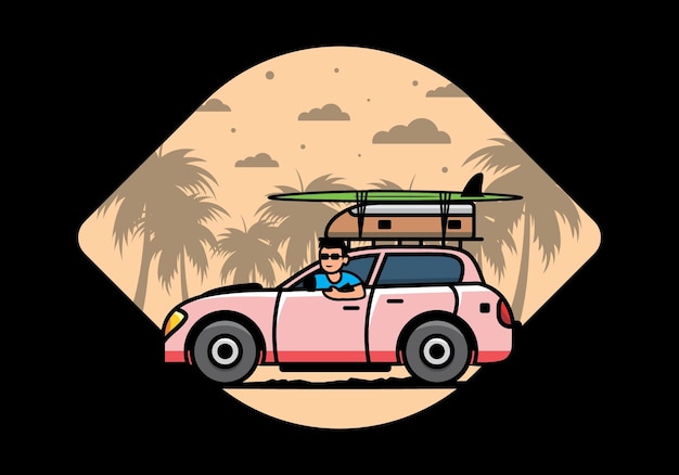 Illustrazione di un uomo che guida un'auto per le vacanze