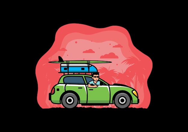 Vector illustration of a man riding a car for vacation