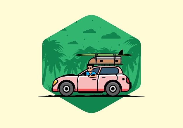 Illustrazione di un uomo che guida un'auto per le vacanze