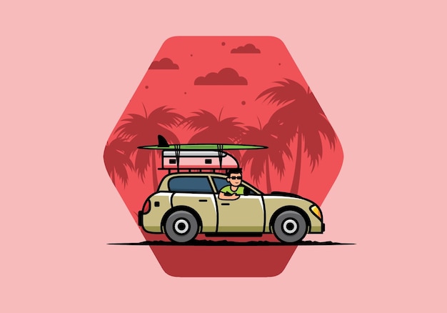 Vector illustration of a man riding a car for vacation