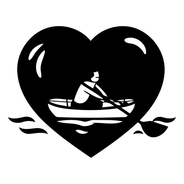 Vector illustration of a man rowing a kayak in a red heart