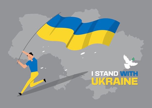 An illustration of a man running and holding Ukraine Flag with Ukraine map on background