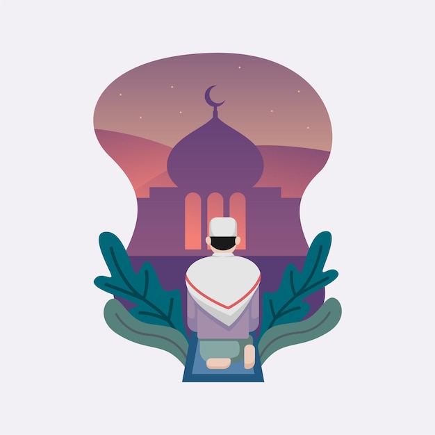 Vector illustration of man sholat sit on a carpet flat design isolated with mosque background