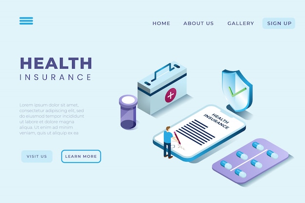 Illustration of a man signing a health insurance contract in isometric 3d style