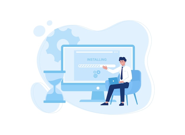 Illustration of a man sitting at a computer with a laptop in his lap trending concept flat illustration