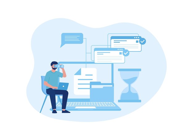 Illustration of a man sitting in front of a laptop with a speech bubble trending concept flat illustration