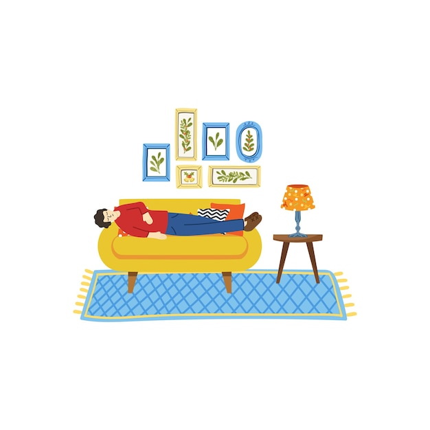 illustration of a man tried and relaxing in living room