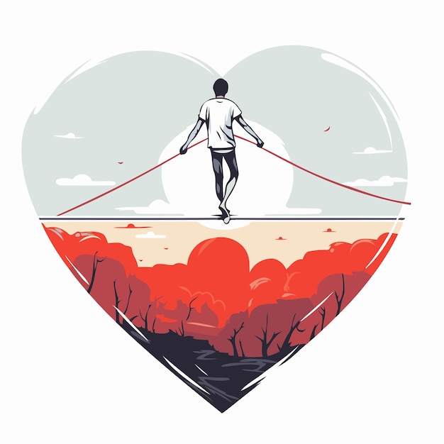 Illustration of a man walking on a rope in the shape of a heart