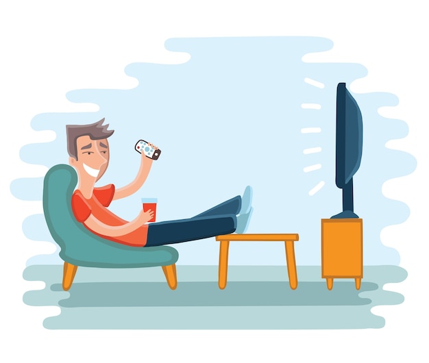 Illustration of man watching television on armchair. tv and sitting in chair, drinking