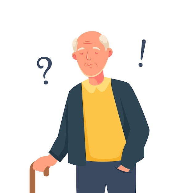 An illustration of a man with a cane and question marks on his chest