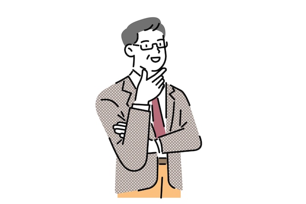 Illustration of a man with a hand on his chin and a checkered shirt.