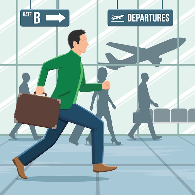 Vector illustration of a man with luggage running in a hurry