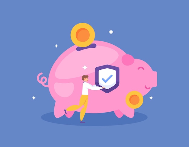 illustration of man with piggy bank or concept of security and safe money storage