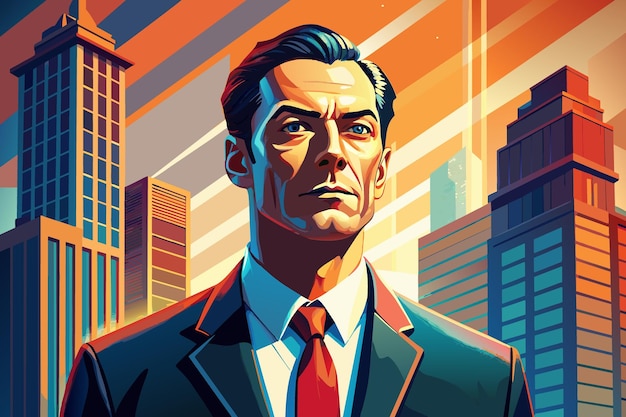 Vector illustration of a man with a red tie and a city background