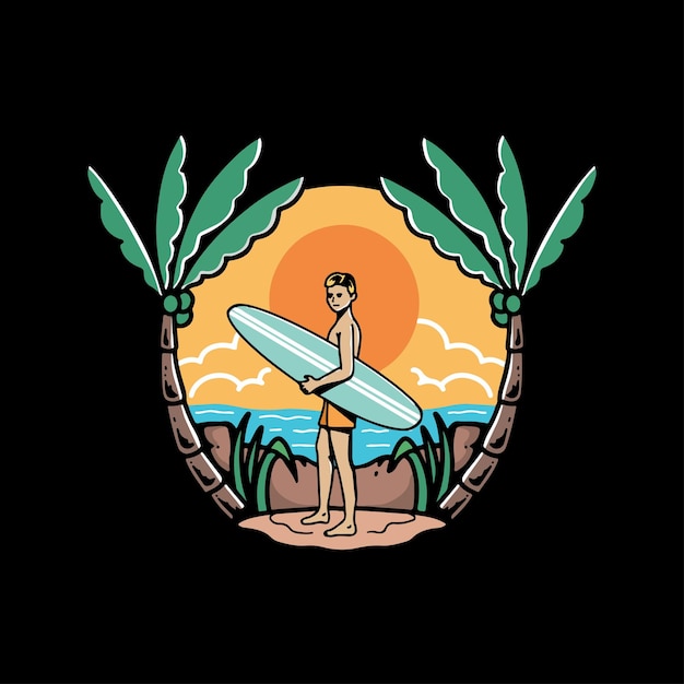 Illustrazione di un uomo con una tavola da surf sulla spiaggia