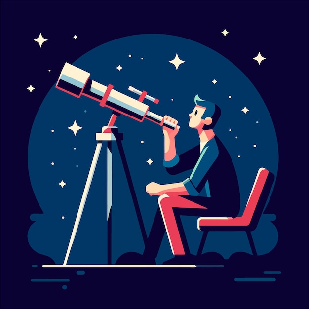 Vettore illustrazione di un uomo con un telescopio che guarda le stelle nel cielo