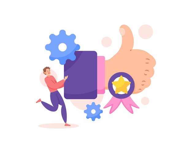 Illustration of man with thumbs up and medal or concept of recommendation and best practice