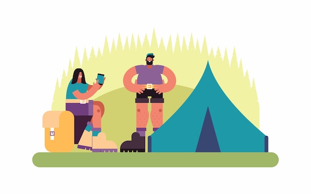 Vector illustration of man and woman browsing map on smartphone while resting near camp tent together on campsite in countryside