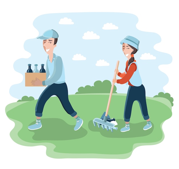 Illustration of man and woman clean the park or garden