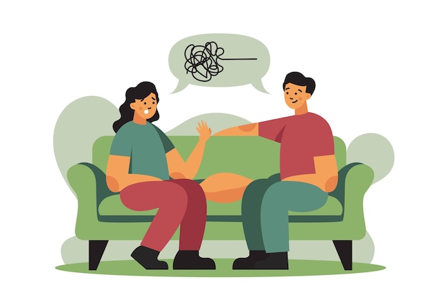 Illustration of man and woman confiding