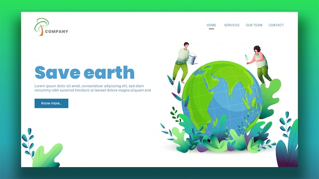 Illustration of man and woman gardening on eco globe for save earth  based landing page .