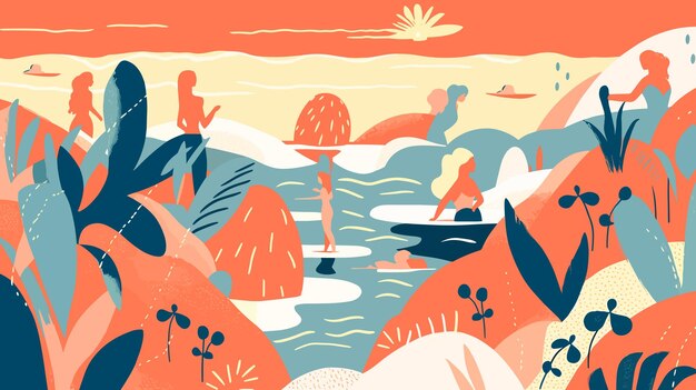 Vector an illustration of a man and woman in a landscape with mountains and a lake and a sun on the bottom.