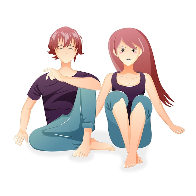 床に座っている男女のイラスト