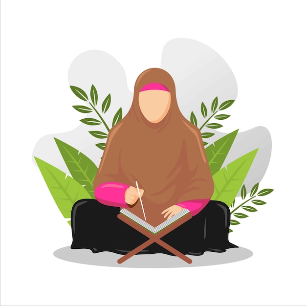 Vector illustration of man and woman studying and reading the holy quran in their daily activity