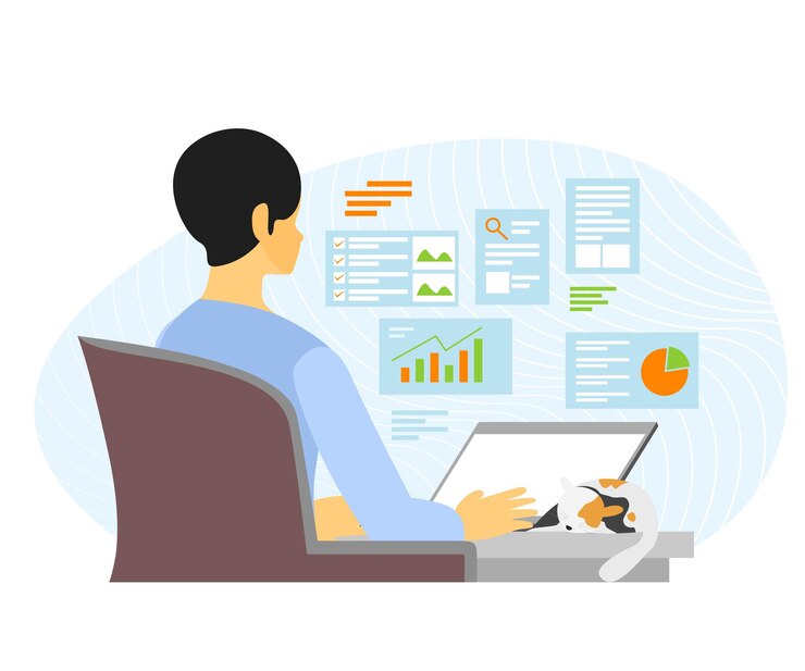Vector illustration of a man working on his laptop in a flat style and suitable for a landing page