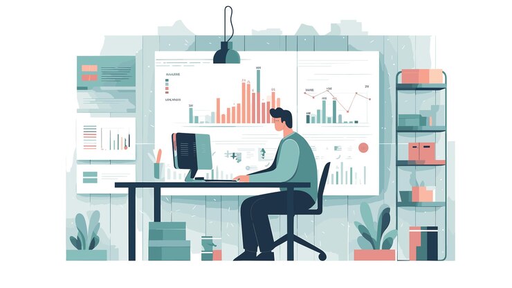Vector illustration of a man working on a presentation business work