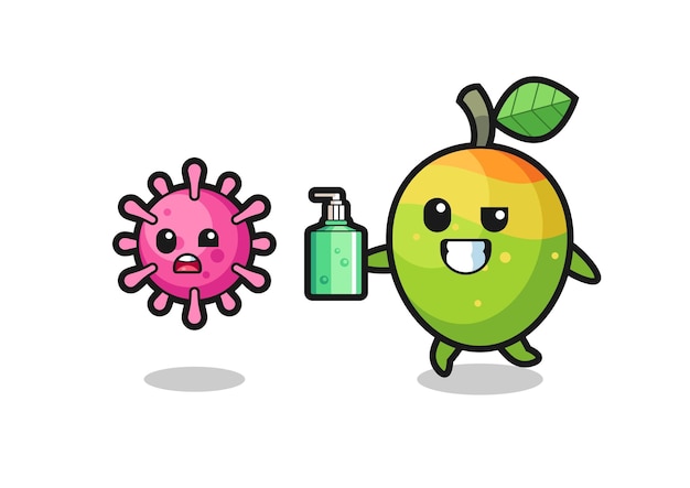 Illustration of mango character chasing evil virus with hand sanitizer , cute style design for t shirt, sticker, logo element