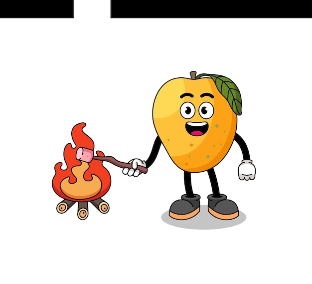 Illustration of mango fruit burning a marshmallow character design