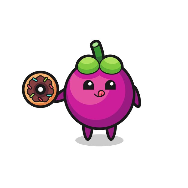 Illustration of an mangosteen character eating a doughnut