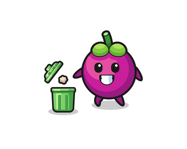 Illustration of the mangosteen throwing garbage in the trash can cute design