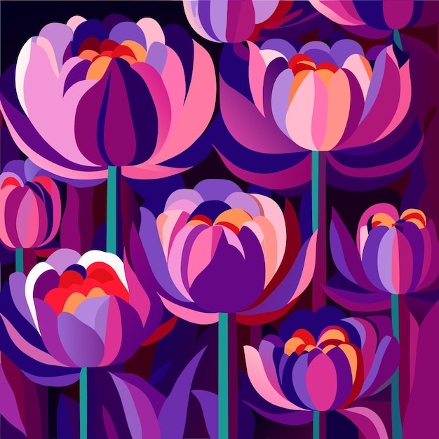 Illustration of many purple pink flowers with long stems vector