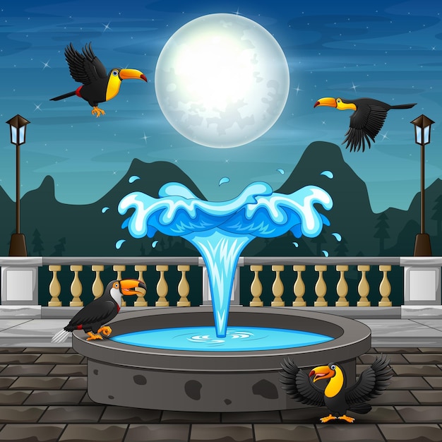 Illustration of many toucan at the fountain