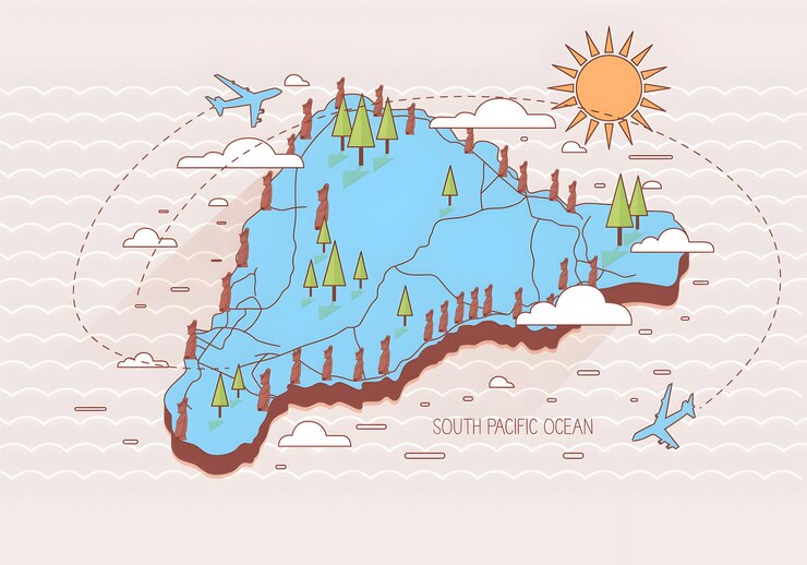 Vector illustration of a map of an island in the south pacific ocean with airplanes and sun