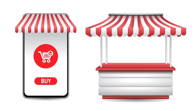 illustration of market stall or mobile commerce with red and white awning striped isolated