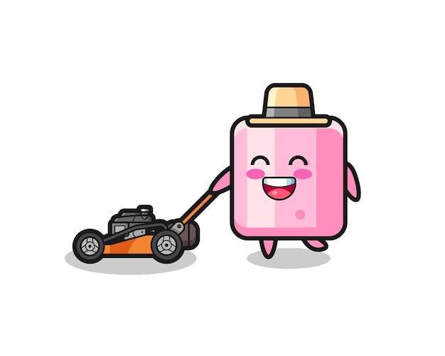 Illustration of the marshmallow character using lawn mower