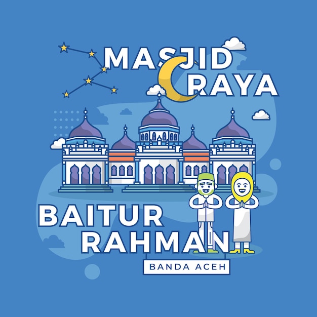 Illustration of Masjid Raya Baiturrahman Banda Aceh, Indonesia Landmark