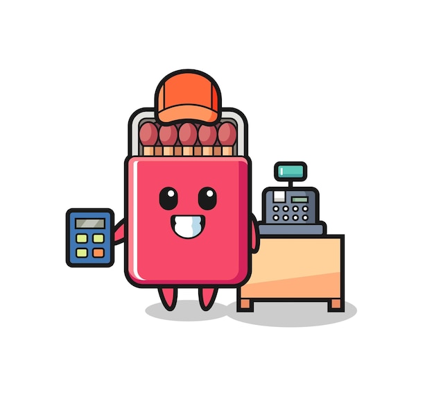 Illustration of matches box character as a cashier