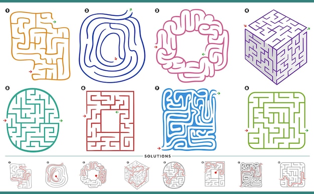 Vector illustration of maze puzzle activities graphs set with solutions