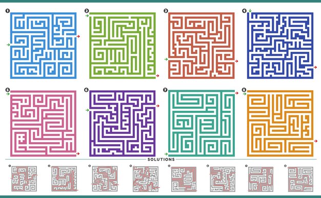 Illustration of maze puzzle activities graphs set with solutions