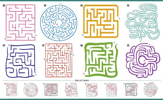 Illustration of maze puzzle activities graphs set with solutions