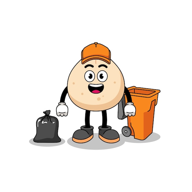 Illustration of meat bun cartoon as a garbage collector character design