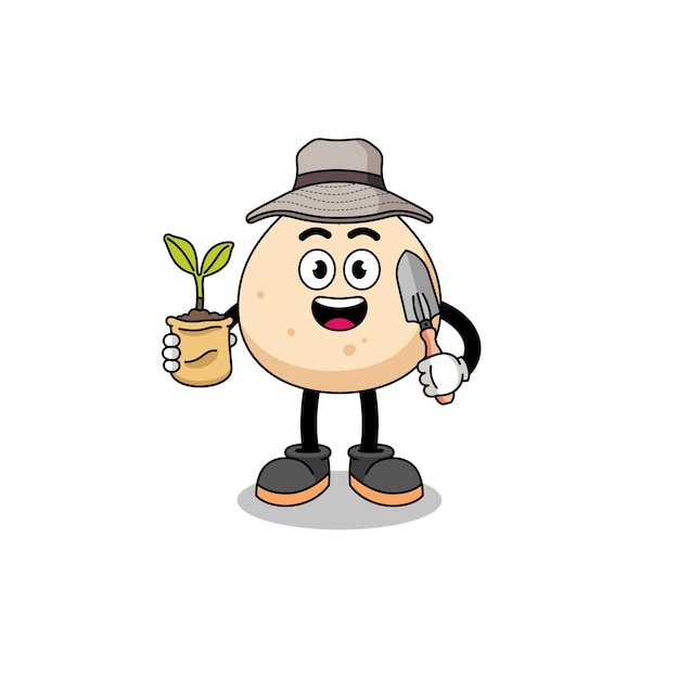 Illustration of meat bun cartoon holding a plant seed character design