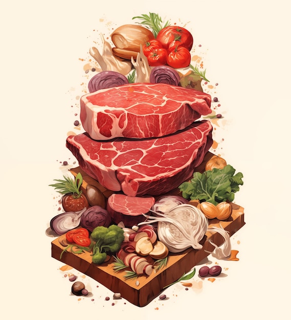 Vettore illustrazione di bistecche di carne con diverse verdure sul tavolo da taglio