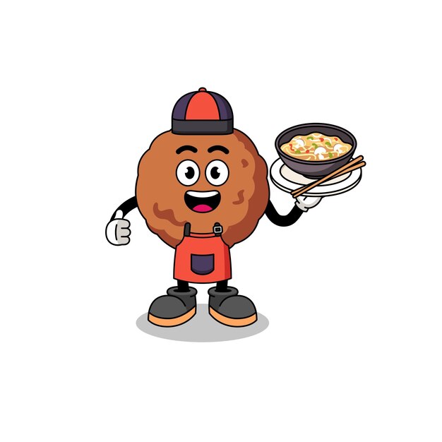 Illustration of meatball as an asian chef character design